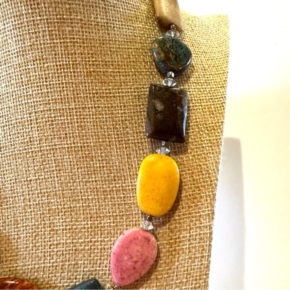 Multi Gemstone Genuine Collar Necklace in tans, browns, blue, yellow, pink - Picture 9 of 12